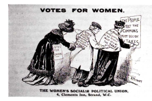 Cartoon von drei Frauen in traditioneller Kleidung, die ein Papier mit der Aufschrift "Votes for Women: The Women's Social & Political Union" gegen einen hellblauen Himmel mit weißen Wolken halten.