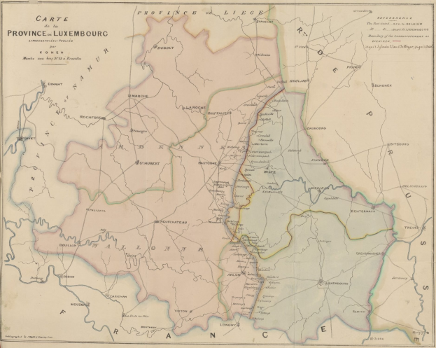 Detailiertes altes Kartenbild der Provinzen Luxemburgs mit beschrifteten Grenzen, Städten und geographischen Merkmalen.