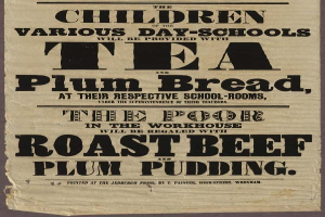 Ein Blatt Papier mit der Aufschrift "Die Kinder der verschiedenen Tagesschulen werden mit Tee, Pflaumenbrot und Roastbeef und Pflaumenpudding versorgt."