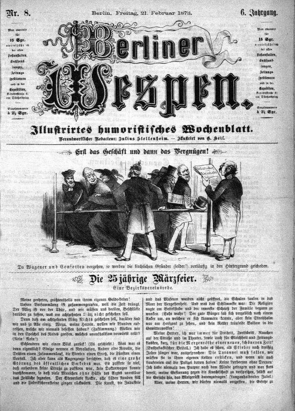 Alte deutsche Zeitung "Berliner Wespen" vom 21. Februar 1873 mit einer Gruppe von Menschen in traditioneller deutscher Kleidung in einem Gespräch.