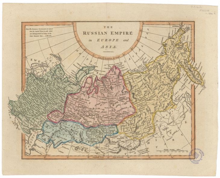 Eine Papierkarte des Russischen Reichs in Europa und Asien mit handgeschriebener Text und einem offiziellen Stempel auf der rechten Seite.