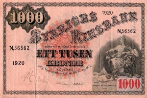 Eine alte schwedische 1000-Kronen-Banknote von 1920 mit einem Porträt einer Frau, Zahlen, Text und einer Unterschrift.