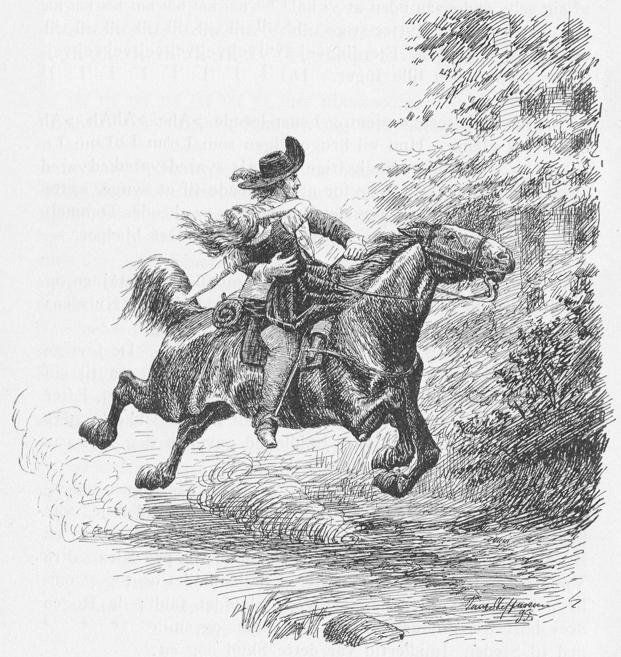 Schwarze und weiße Zeichnung eines Mannes in einem Hut, der auf einem Pferd reitet und von Bäumen umgeben ist, mit dem Text 'Das Rodeo' unten.