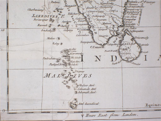 Ausführliche alte Karte von Indien und den Malediven mit Textanmerkungen, die Inseln, Gewässer, Landesnamen und Hauptstädte zeigt.