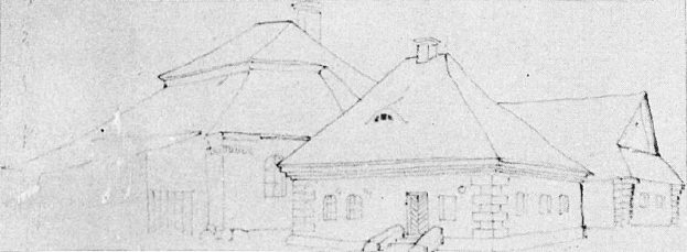 Schwarze und weiße detaillierte Zeichnung eines Hauses mit einem geneigten Dach, das als erstes Haus der Russischen Föderation bezeichnet wird, einschließlich sichtbarer Dachfläche, Wände und beschreibender Text.