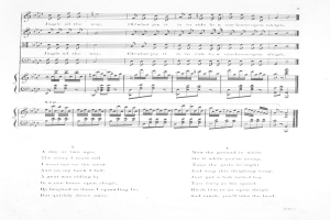 Ein Notenblatt mit einem Schwarz-Weiß-Bild eines Mannes in Anzug und Krawatte, umgeben von Noten, Akkorden und Texten, wobei der Mann nachdenklich in die Ferne schaut.