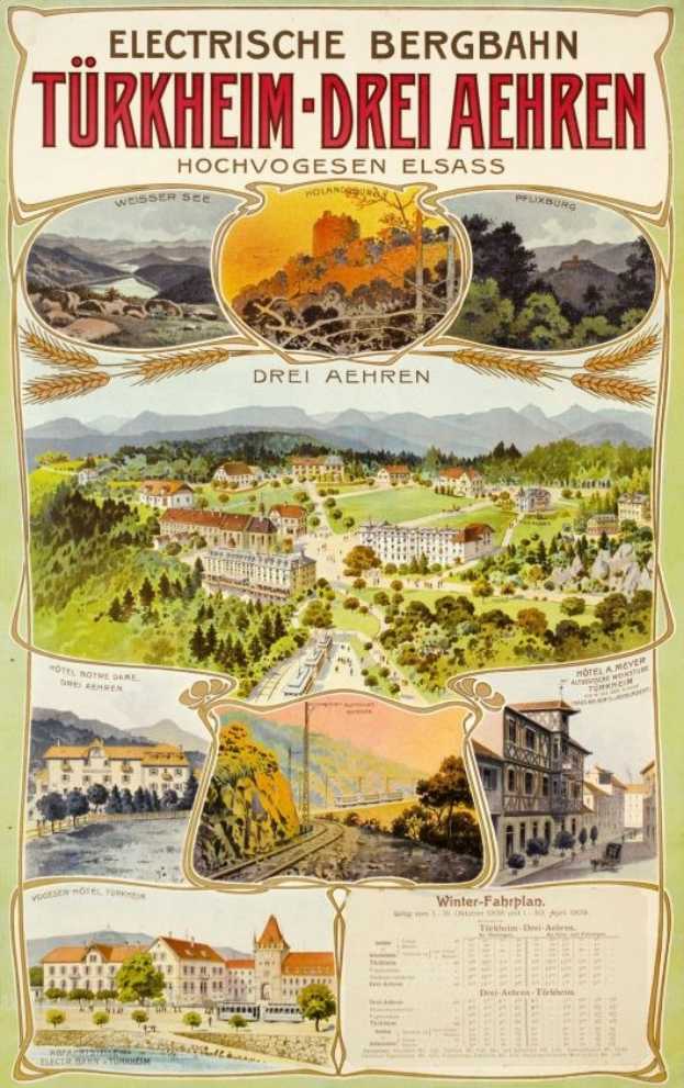Plakat für Bergbahn, Deutschland als Elektrostadt mit Bildern von Gebäuden, Bäumen, Hügeln und beschreibendem Text
