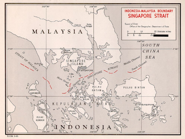 Detailierte Karte von Singapur und Malaysia mit beschrifteten Grenzen, Städten, Flüssen und geografischen Merkmalen.
