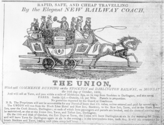 Schwarz-weiß-Anzeige der Gewerkschaft, die eine von Pferden gezogene Kutsche zeigt, die eine Gruppe von Menschen trägt, mit Text, der das Ereignis beschreibt.