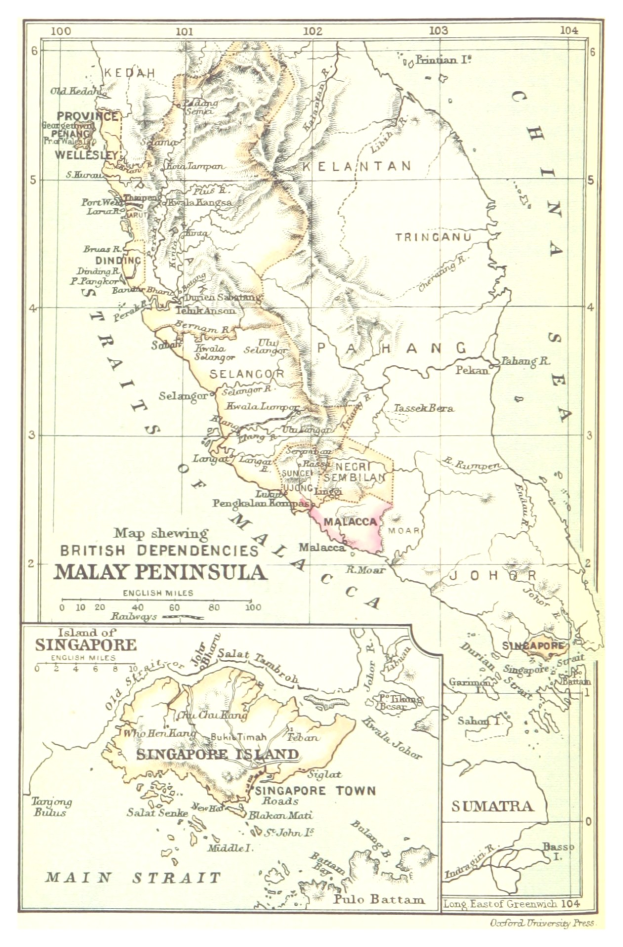 Eine detaillierte historische Karte von Malaysia mit hervorgehobenen britischen Kolonialgebieten, die Provinzen, Städte, Hauptstädte und geografische Merkmale zeigt.