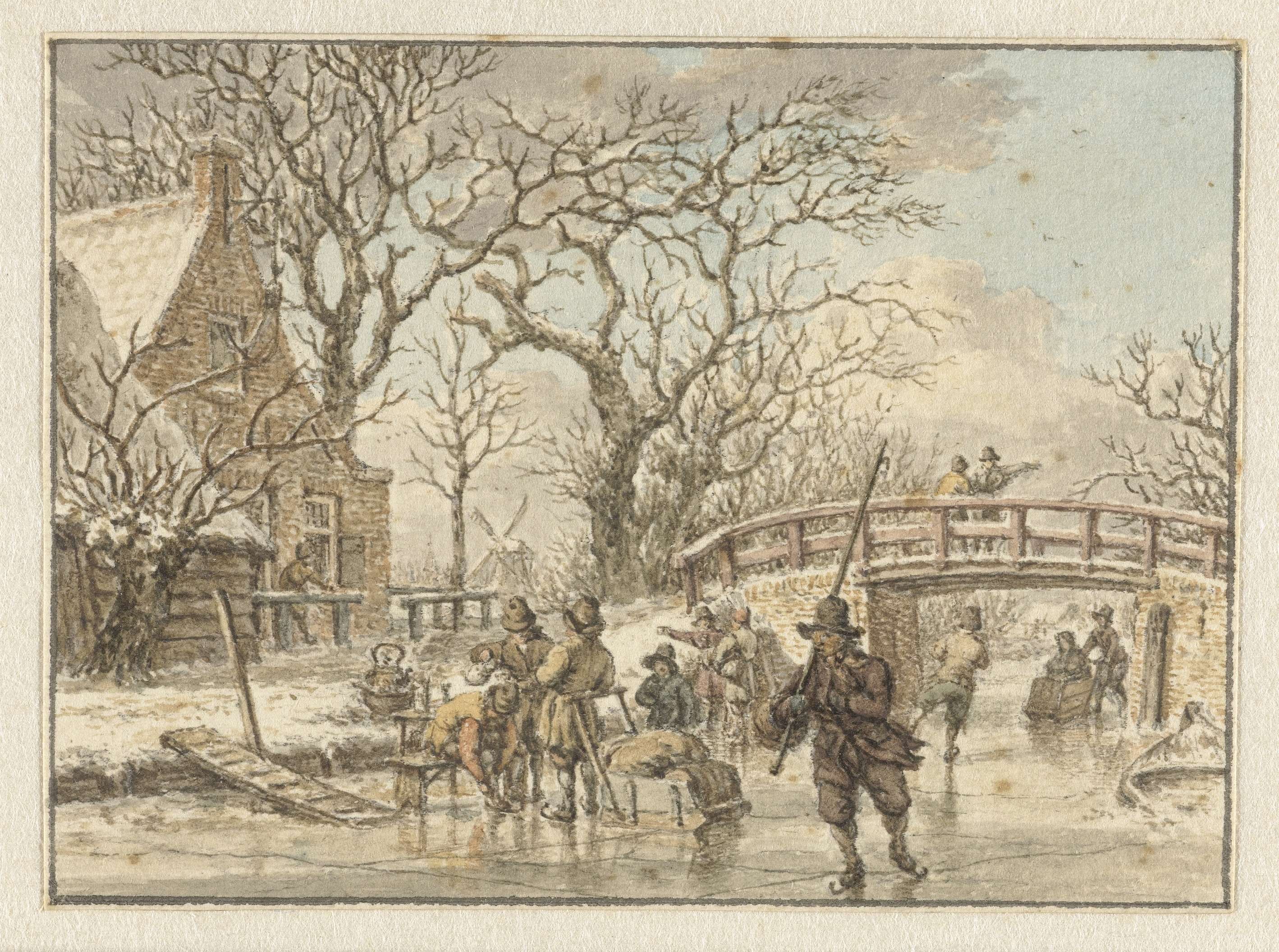 Winterliche Szene von Menschen, die auf einem zugefrorenen Fluss Schlittschuh laufen, mit schneebedeckten Bäumen, Häusern und einer Brücke im Hintergrund unter einem bewölkten Himmel.