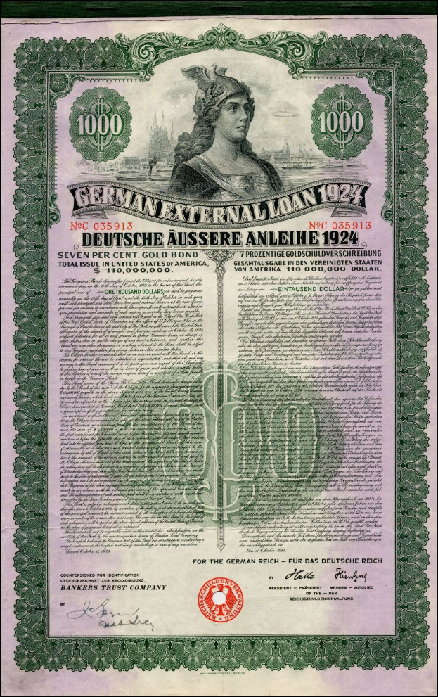 Deutsches Auslandsdarlehen-Zertifikat von 1924 mit einem Porträt einer Frau, mit gedrucktem Text und numerischer Benennung auf altem Papier.