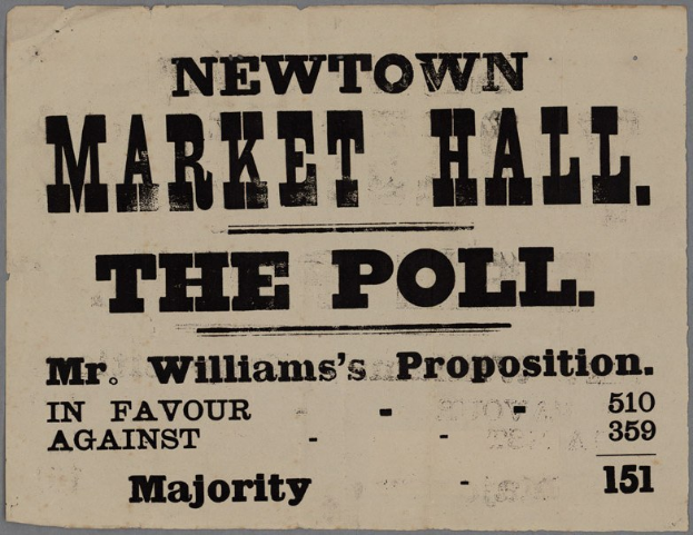 Blatt mit handgeschriebenem Text, der 'Newtown Market Hall, die Wahl, Mr. Williams' Vorschlag für gegen Mehrheit.' lautet.
