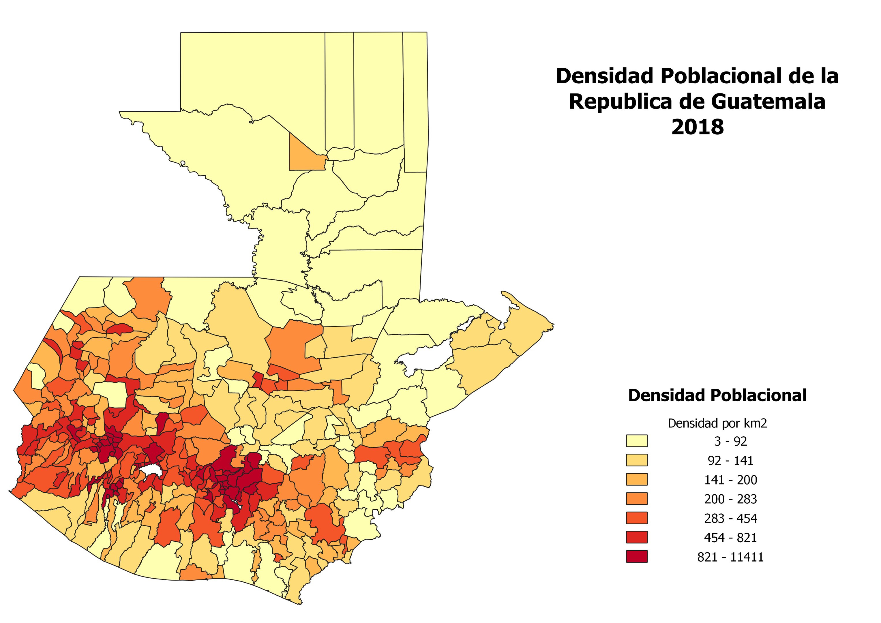 Farbkodierte Karte von Guatemala, die die Bevölkerungsdichte in Prozent zeigt, betitelt mit "Densidad Poblacional de la República de Guatemala 2018".
