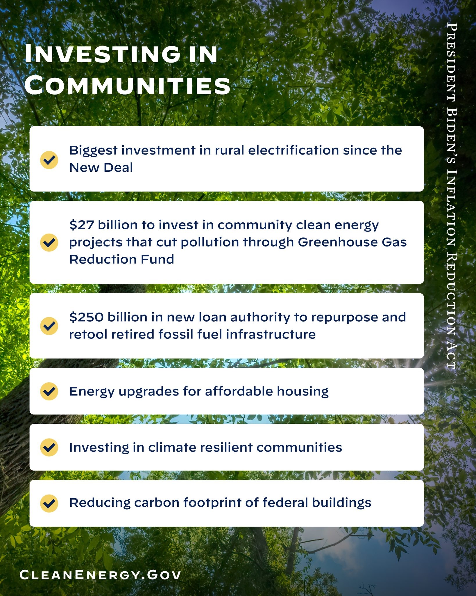 Plakat mit Bäumen und Himmel als Hintergrund sowie dem Text "Investing in Communities: Biggest Investment in Rural Electricity Since the New Deal".