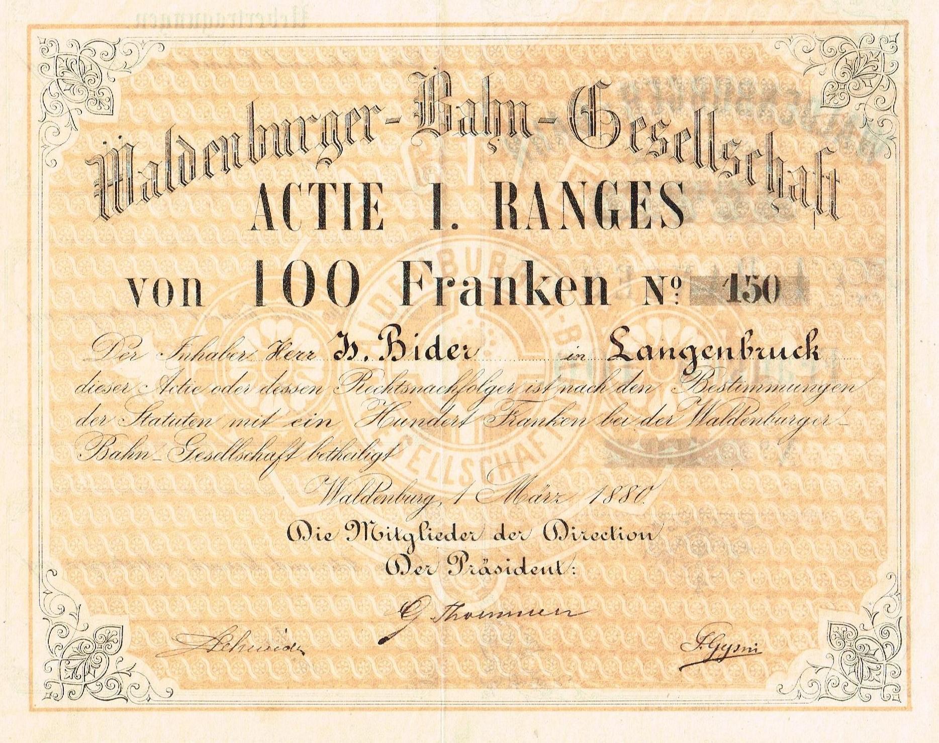 Alte deutsche Banknote mit einem Männerporträt und der Aufschrift "Haldenburger-Balm Gesellschaft Aktie 1 Ranges" auf altem Papier.