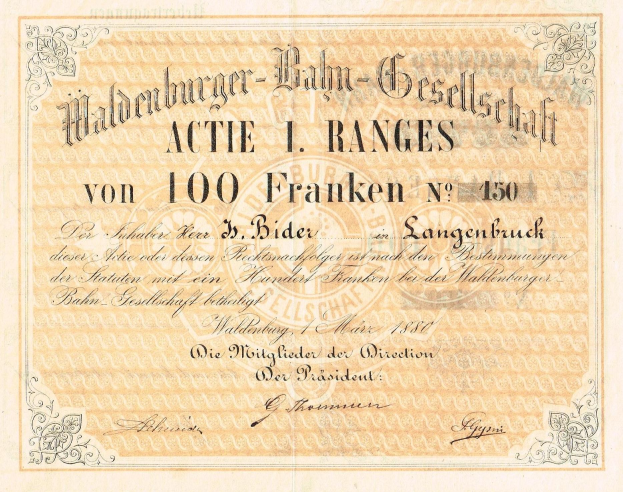 Alte deutsche Banknote mit einem Männerporträt und der Aufschrift "Haldenburger-Balm Gesellschaft Aktie 1 Ranges" auf altem Papier.