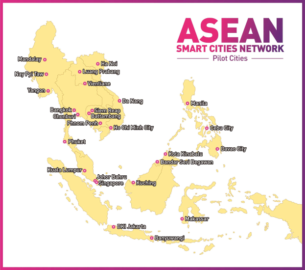 Ein Plakat mit einer detaillierten Karte des ASEAN-Netzwerks intelligenter Städte, das seine Pilotstädte und -orte hervorhebt.