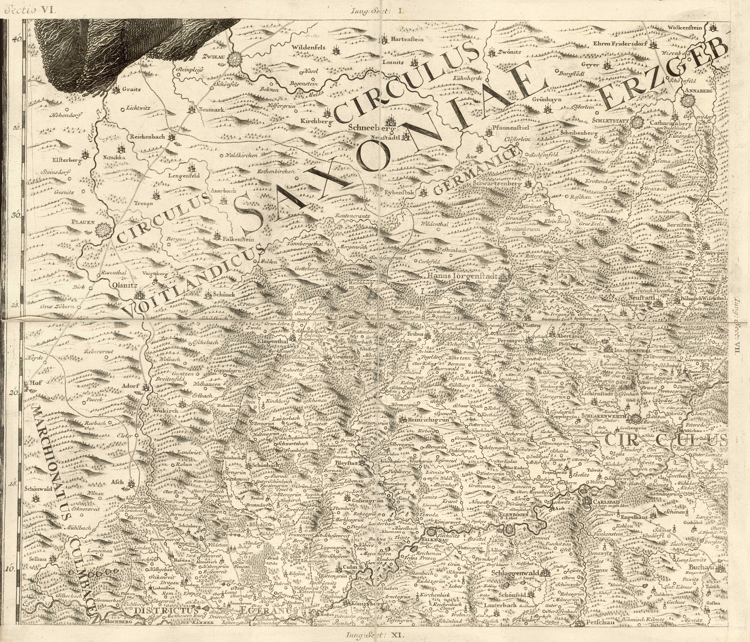 Alte Karte von Sachsen, Deutschland, zeigt geografische Merkmale wie Flüsse, Berge und Städte mit begleitendem Text.