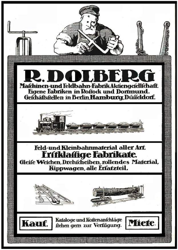Werbeposter für die Fabrik von R.D. Dolberg in Hamburg, Deutschland, mit Text und Abbildungen einer Person, eines Zugs und anderer Gegenstände.