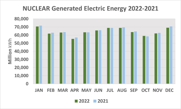 Eine Liniengrafik, die die Anzahl der nuklear erzeugten elektrischen Energie von 2021 bis 2022 zeigt, mit begleitendem Text, der zusätzliche Dateninformationen bereitstellt.