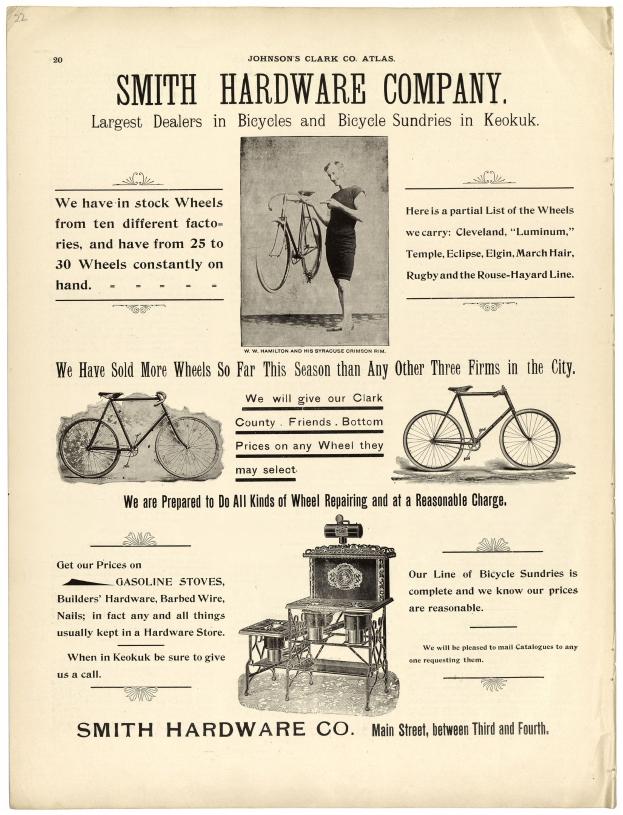 Werbung für Smith Hardware Co. zeigt eine Person mit einem Fahrrad und einem Rad im Vordergrund sowie Text, der die Produkte und Dienstleistungen des Unternehmens beschreibt.