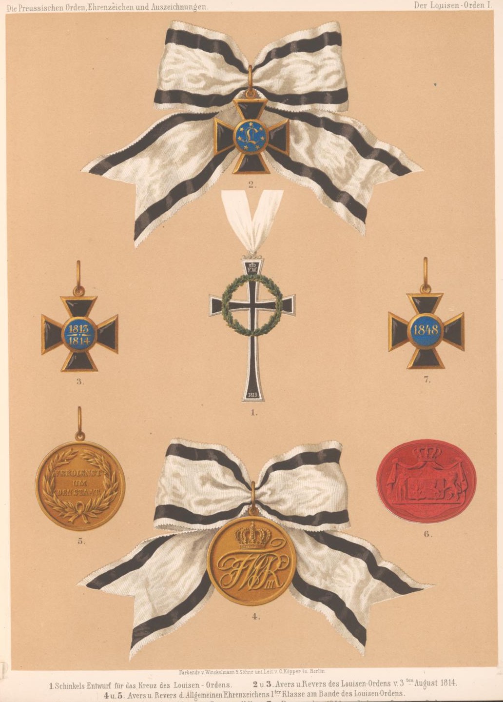 Eine Buchseite mit der "Medaille für Tapferkeit im Vaterländischen Krieg", die ein zentrales Kreuz zeigt, umgeben von einem Band und anderen Medaillen in Gold- und Silbertönen.