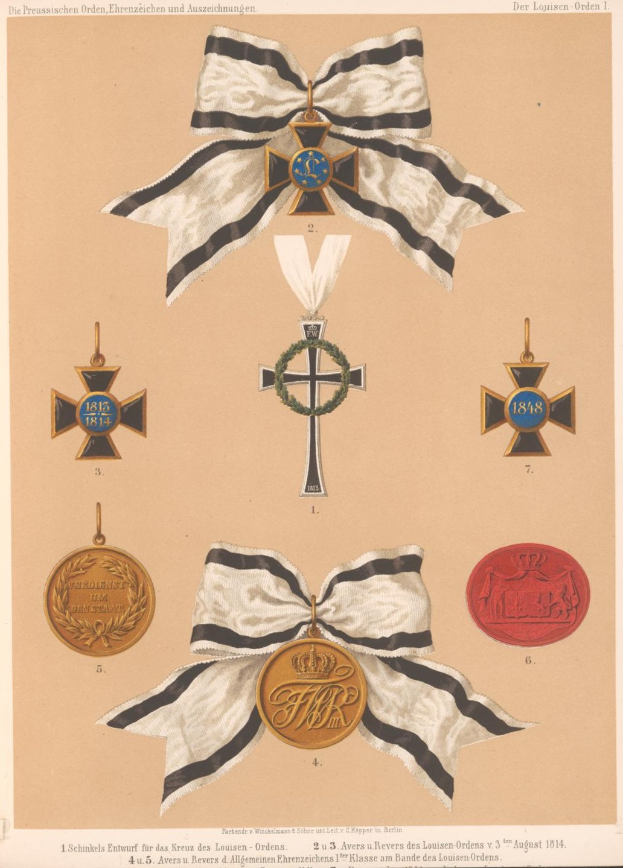 Eine Buchseite mit der "Medaille für Tapferkeit im Vaterländischen Krieg", die ein zentrales Kreuz zeigt, umgeben von einem Band und anderen Medaillen in Gold- und Silbertönen.