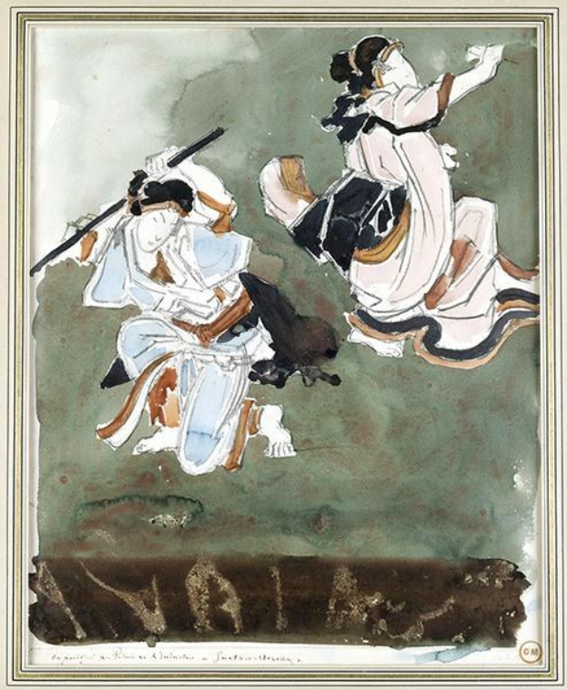 Gemälde mit dem Titel "Rajasthani Tanz" von Künstler Rajasthan, gerahmt mit Text unten, zeigt zwei Frauen in weißer und schwarzer Kleidung – eine hält ein Schwert – anmutig in leuchtenden, detailreichen Farben.