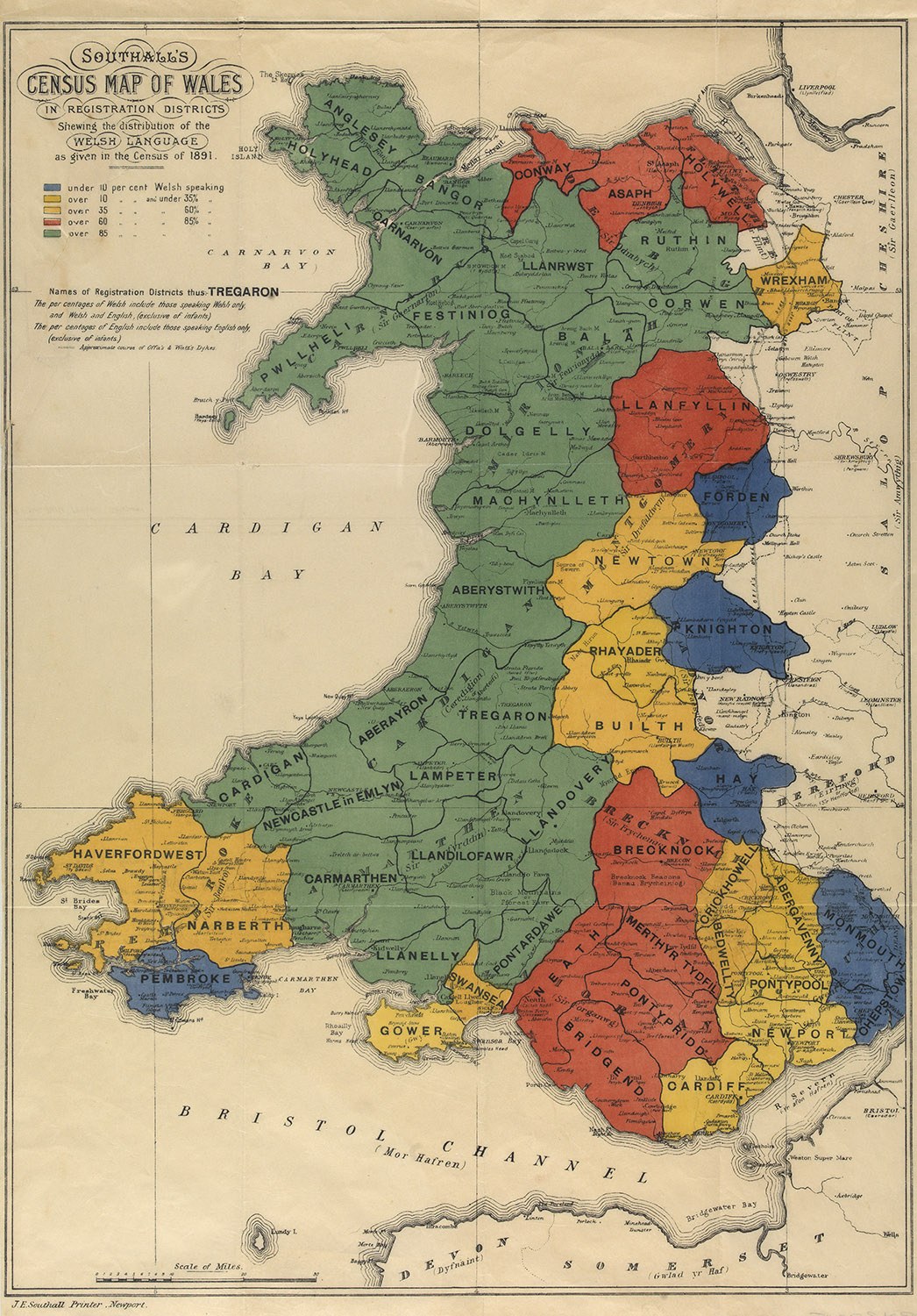 Ein Plakat, das eine Karte von Wales mit in verschiedenen Farben hervorgehobenen Grafschaften in England und Wales zeigt, begleitet von Text, der die Grafnamen und -grenzen erläutert.