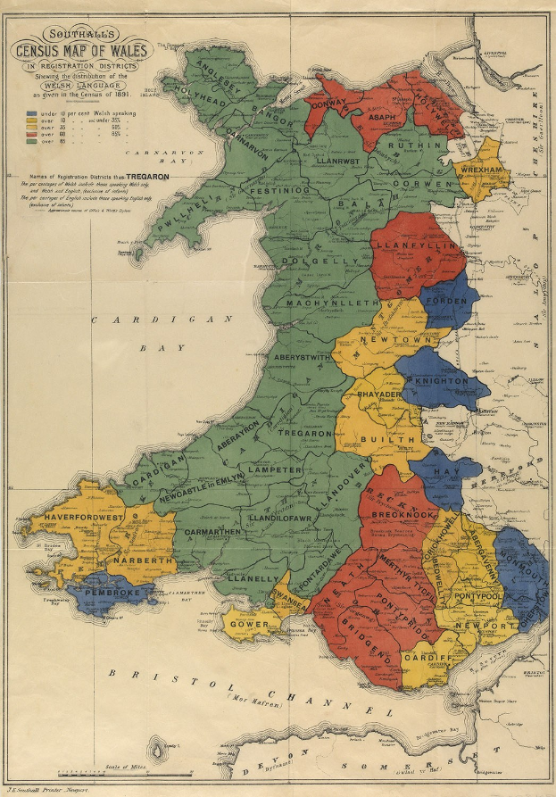Ein Plakat, das eine Karte von Wales mit in verschiedenen Farben hervorgehobenen Grafschaften in England und Wales zeigt, begleitet von Text, der die Grafnamen und -grenzen erläutert.
