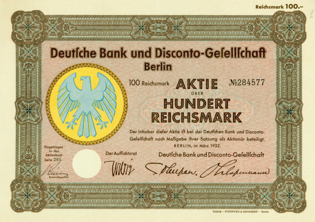 Alte deutsche Banknote mit einer Vogelillustration und der Aufschrift "Deutsche Bank und Disconto-Gefellichaft Berlin".