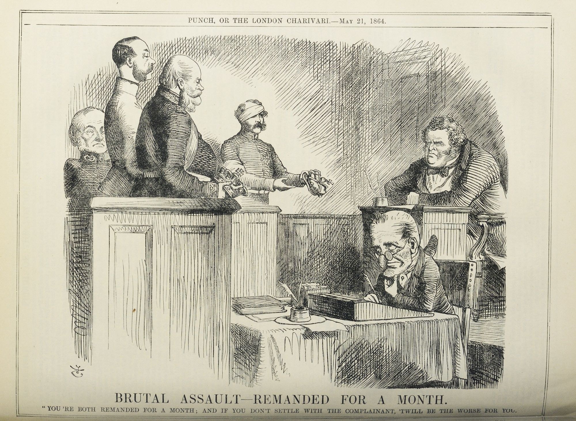 Eine handgezeichnete Skizze auf Papier zeigt eine Gruppe von Menschen, die um einen Tisch sitzen, mit einer zentralen Figur auf einem Stuhl, umgeben von Büchern und Gegenständen, begleitet von der Textzeile "brutaler Angriff - vorläufig festgenommen" unten.