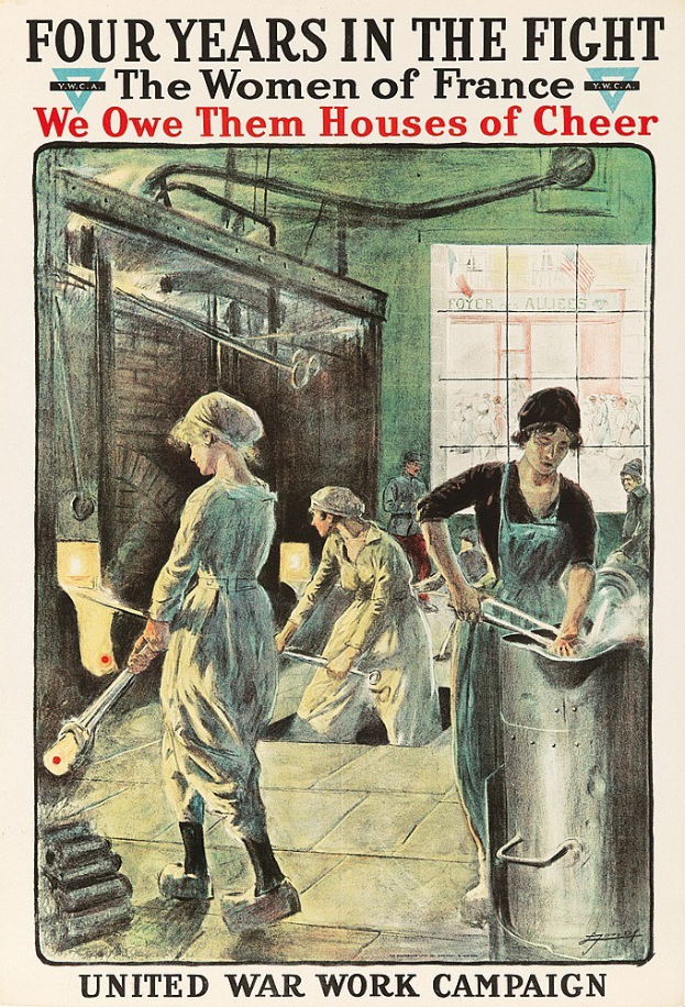 Plakat mit vier Frauen, die entschlossen in einer Reihe stehen, mit der Aufschrift 'Wir schulden ihnen Häuser der Freude'