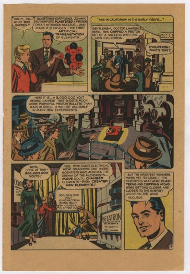 Eine Comicseite mit einem Mann in einem blauen Anzug, weissem Hemd und roter Krawatte mit einem ernsten Gesichtsausdruck, umgeben von einer Collage aus Illustrationen und fetter schwarzer Schrift.