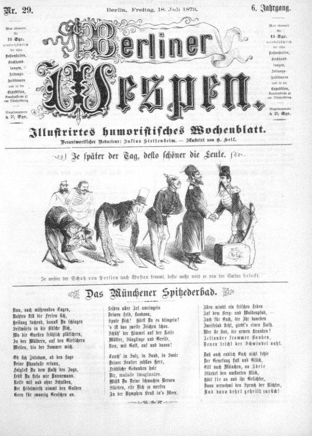 Schwarz-weiß-Zeichnung eines besorgten Mannes mit Zylinder und Frau in Kleid, datiert "Berliner Wespen, Juli 1873" auf einer alten Zeitung.