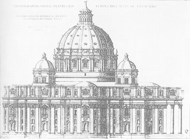 Eine detaillierte Zeichnung der St. Peters Basilika in der Vatikanstadt, die ihren großen Kuppel, Säulen und kunstvollen architektonischen Verzierungen zeigt, mit begleitendem Text auf dem Papier.