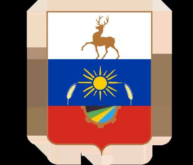 Ein weißer Schild mit einem stilisierten goldenen Hirsch in der Mitte, umgeben von einer goldenen Sonne mit Strahlen, Ähren und ornamentalen Mustern in Blau und Rot.