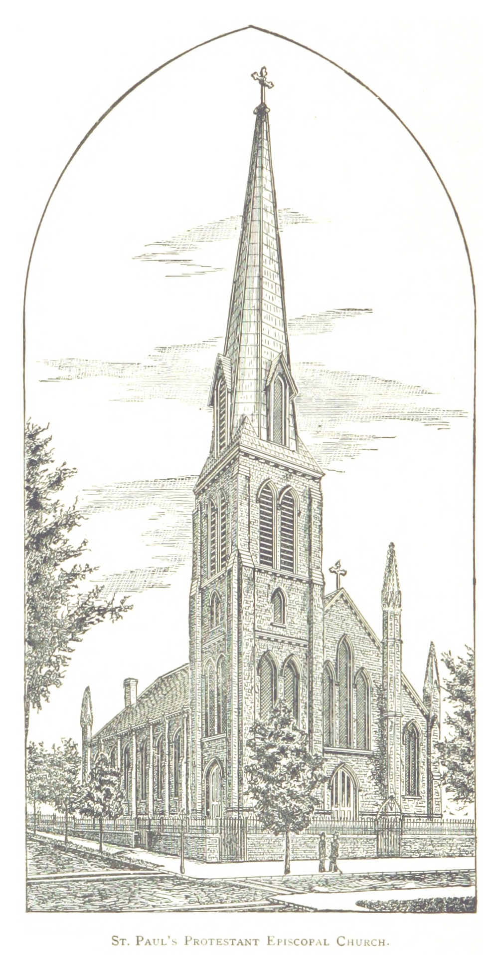 Eine Zeichnung der St. Paul's Protestant Episcopal Church mit einem Kirchturm und umgebenen Bäumen, mit Text am unteren Bildrand.