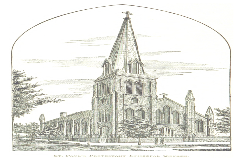 Eine Zeichnung der St. Paul's Protestant Episcopal Church mit einem Kirchturm und umgebenen Bäumen, mit Text am unteren Bildrand.