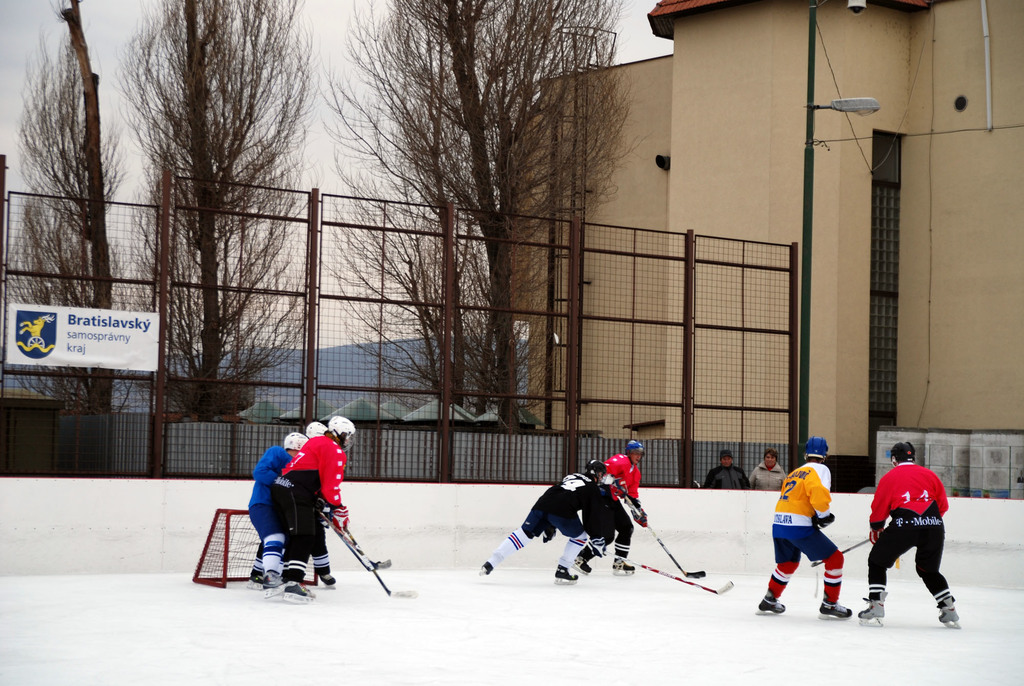 Personen spielen Eis hockey auf einer Bahn mit Gebäuden, Bäumen, einer Straßenlaterne, einer Namensplakette und Zäunen im Hintergrund unter einem klaren Himmel.