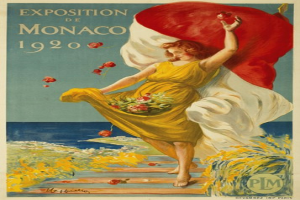 Ein Vintage-Plakat aus dem Jahr 1920, das Monaco bewirbt und eine Frau mit einem menschlichen Gesicht zeigt, umgeben von Text, Blumen und Wasser.