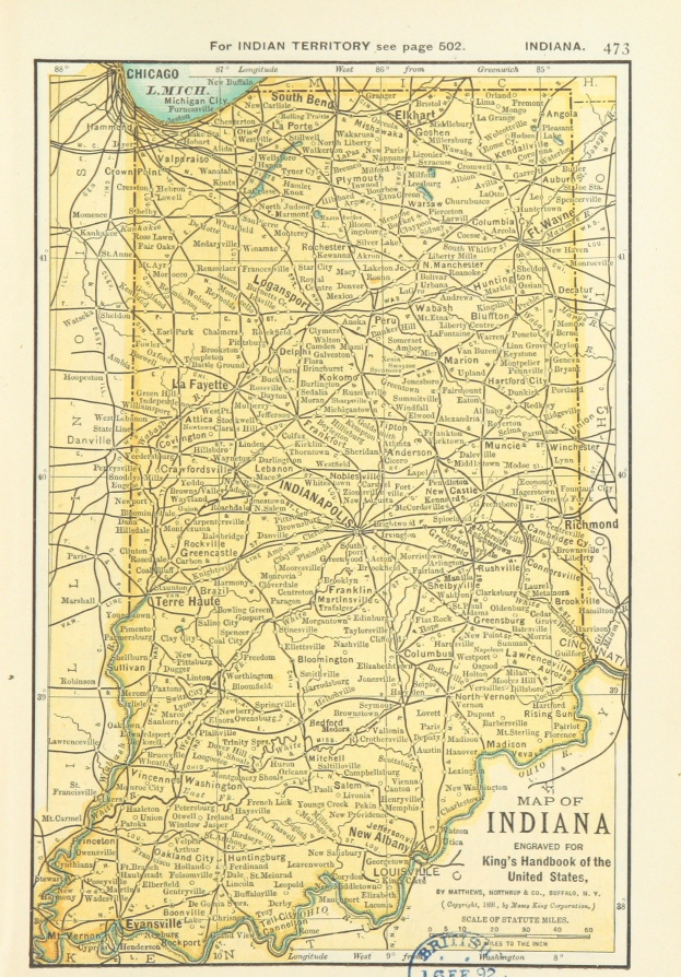 Detailierte alte Karte von Indiana, die Straßen, Highways und geografische Merkmale zeigt, mit Text oben und unten.