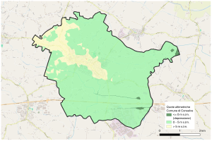 Eine Karte einer Stadt mit grünen Bereichen, die den prozentualen Anteil der Bevölkerung in jedem Bereich anzeigen, begleitet von Text, der Informationen zur Bevölkerungsdichte enthält.