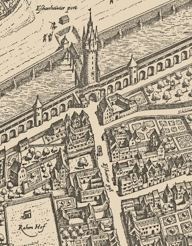 Alte Stadtkarte mit einem zentralen Schloss, umgeben von Gebäuden, Bäumen und einer Brücke, mit Textanmerkungen.