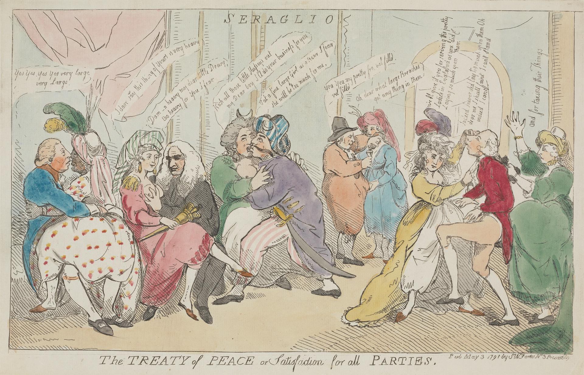 Ein Blatt Papier mit einer Zeichnung von Menschen, die sitzen und stehen und über "Den Friedensvertrag für alle Parteien" diskutieren.