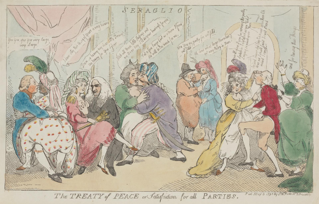 Ein Blatt Papier mit einer Zeichnung von Menschen, die sitzen und stehen und über "Den Friedensvertrag für alle Parteien" diskutieren.