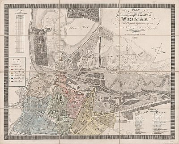 Ausführliche alte Karte von Weimar, Deutschland, mit Straßen, Gebäuden und Sehenswürdigkeiten mit begleitendem Text über die Stadt.