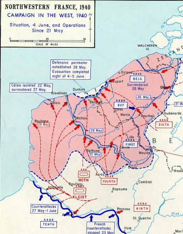 Detailierte Wandkarte von Nordfrankreich während des Westfeldzugs 1940, mit Text und numerischen Daten annotiert.