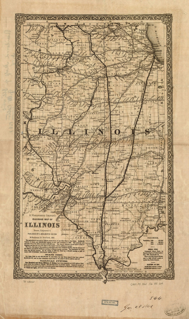 Alte Illinois-Karte auf vergilbtem Papier, zeigt Straßen, Highways und geografische Merkmale mit handgeschriebenen Textanmerkungen.